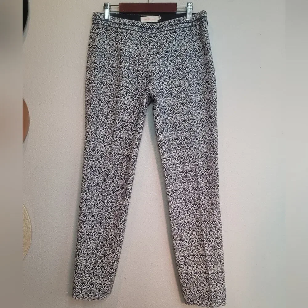 TORY BURCH Heidi Blue White Jacquard Stretch Pant Coastal Office Preppy Classic